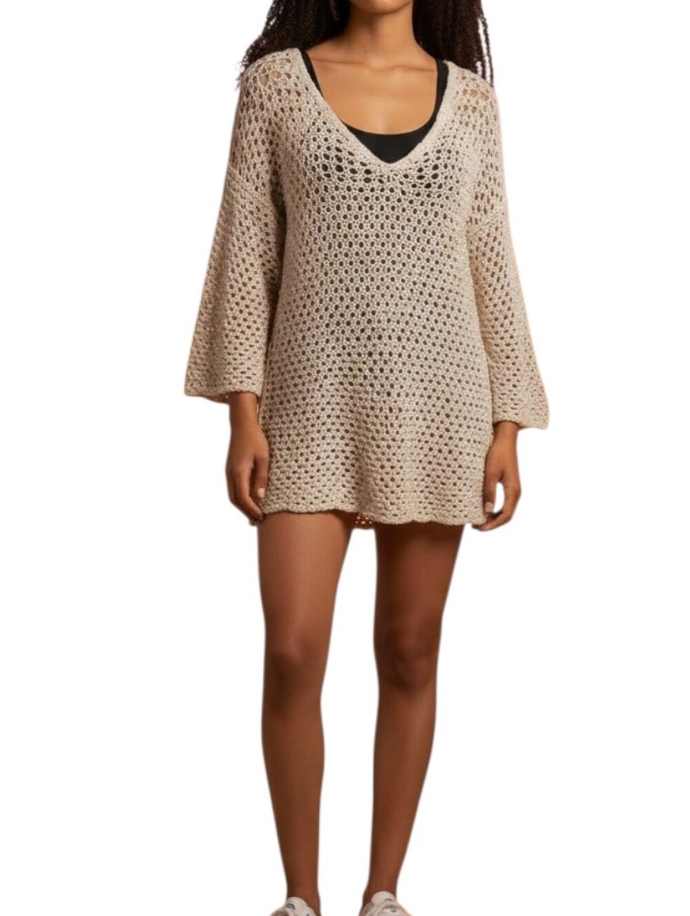Lou & Grey Crochet Long Sleeve Open Knit Beige Tunic Cover-Up   Women Size Small